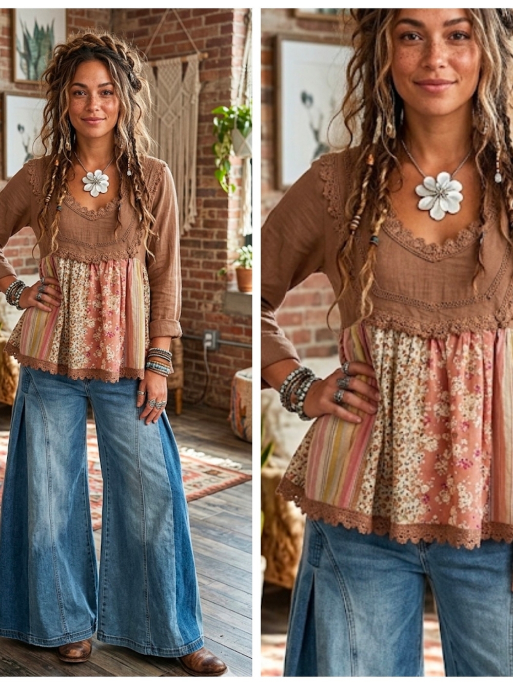 Boho Patchwork Peplum Top - Brown Floral